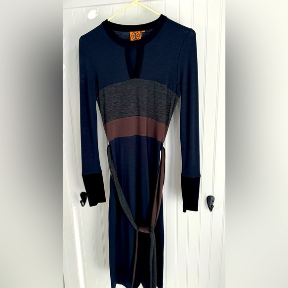 Women's Tory Burch dress size XS. Navy, grey and brown, peek a boo opening. - Picture 1 of 5